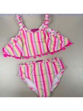 Betsey Johnson Girls Size 12 Two Piece Swimsuit Pink Rainbow Stripe Pom Pom